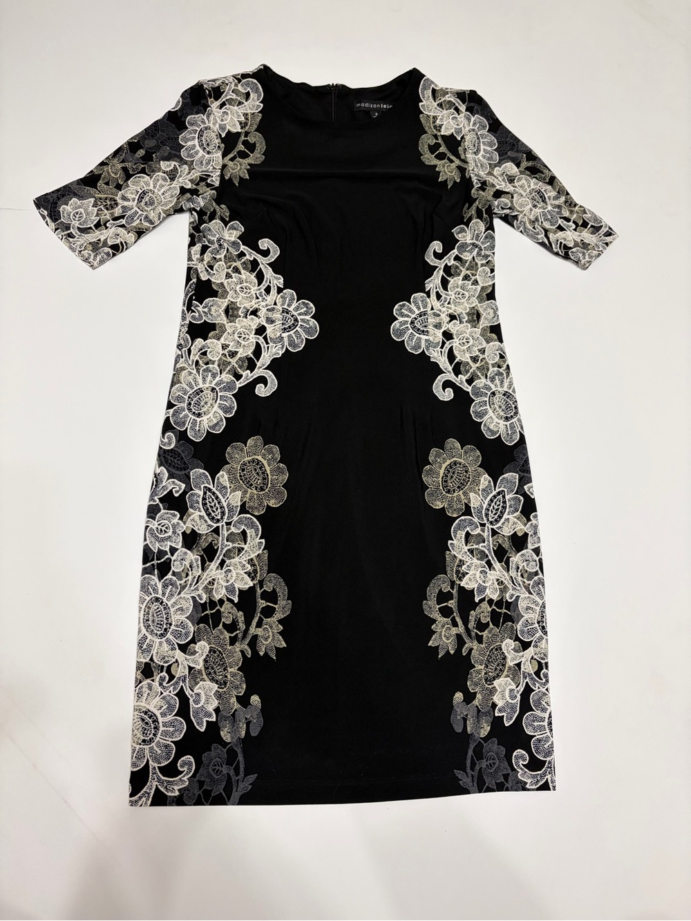Madison Leigh dress women's size 8 black white lace print vintage style office